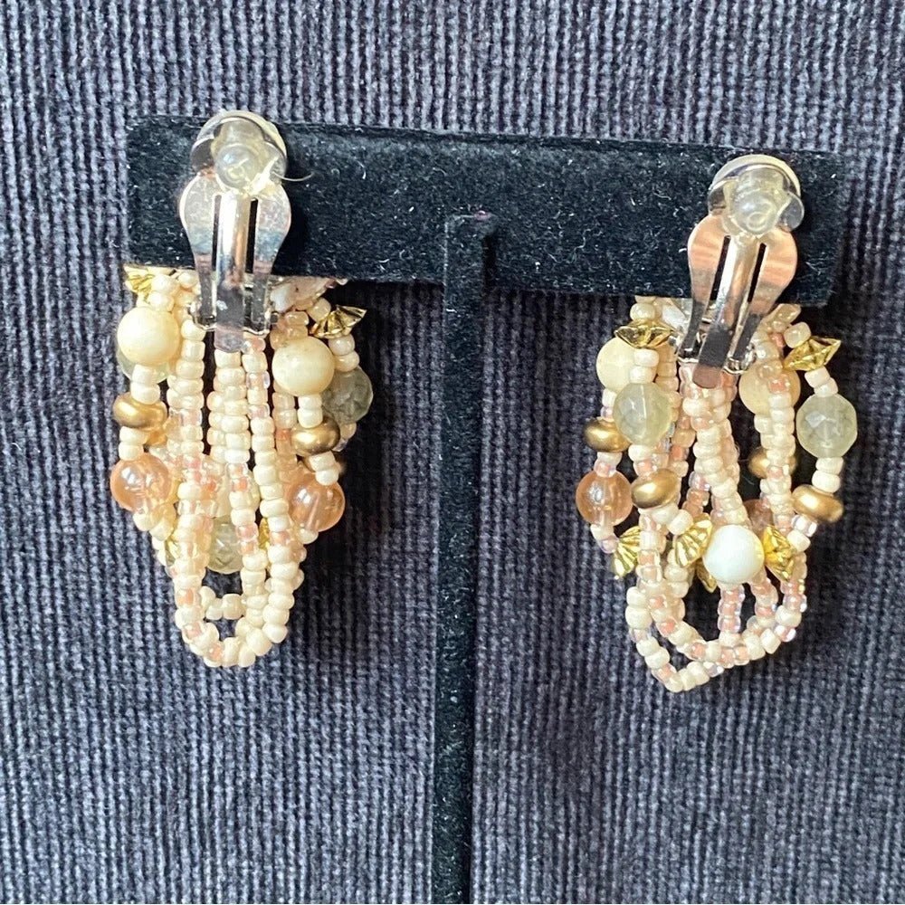 EarringsVintage 80s Claire's Pinkish Seed Bead Dangle Clip-On Earrings - Old Deadstock