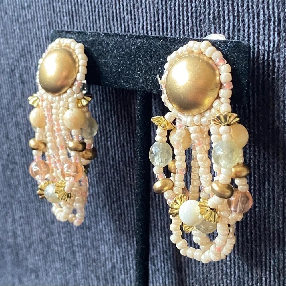 EarringsVintage 80s Claire's Pinkish Seed Bead Dangle Clip-On Earrings - Old Deadstock