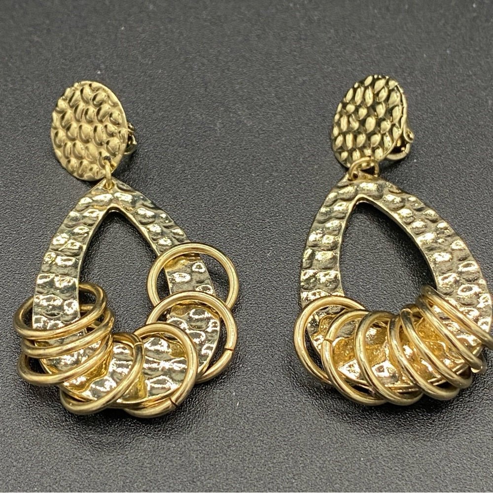 EarringsVintage 80s Hammered Gold-Tone Dangle Hoop Clip-Ons