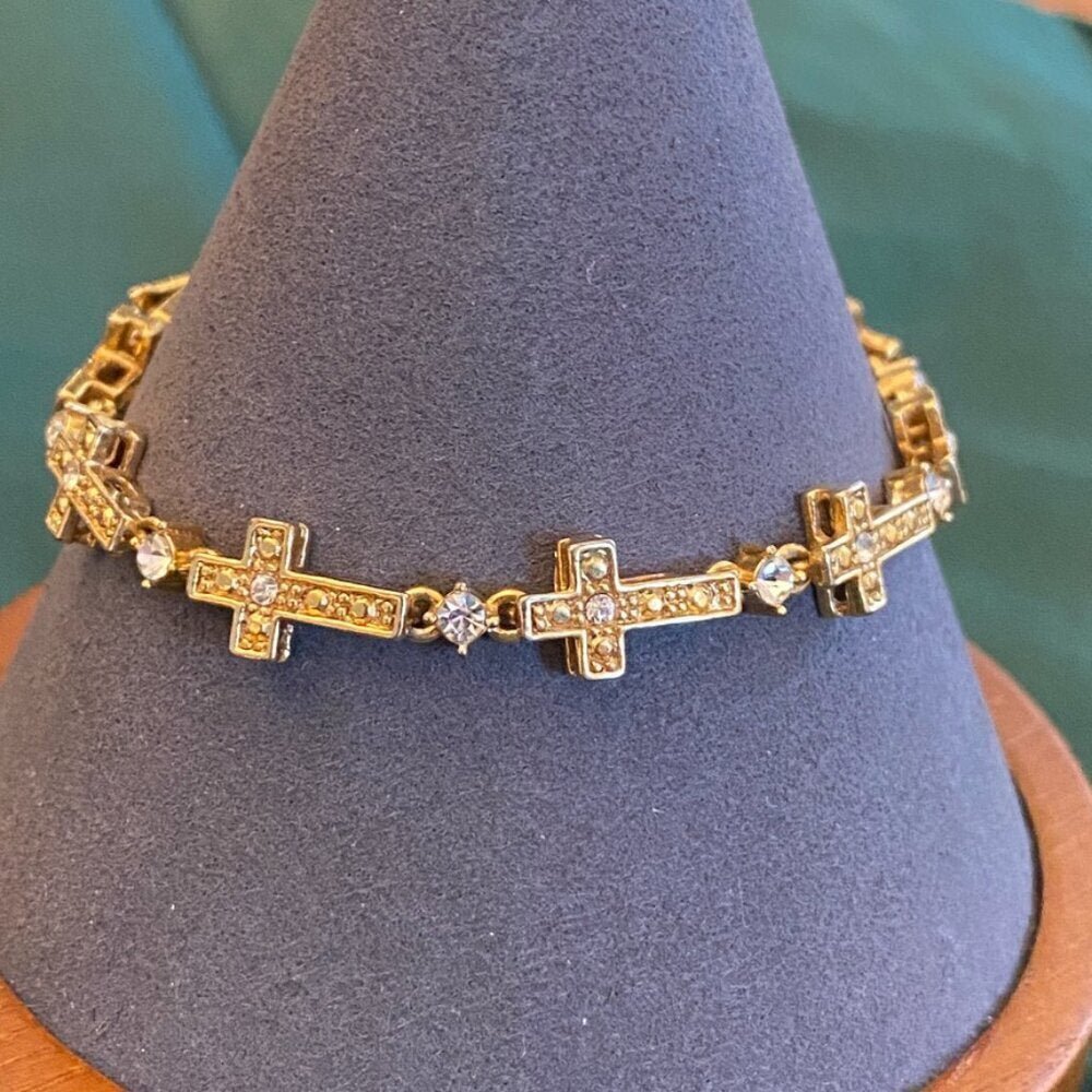 BraceletVintage Avon Gold-Tone Cross Tennis Bracelet with Crystal Rhinestones