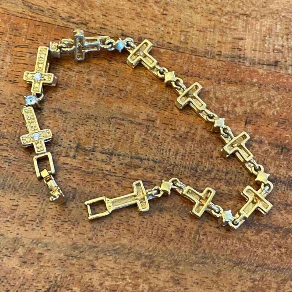 BraceletVintage Avon Gold-Tone Cross Tennis Bracelet with Crystal Rhinestones