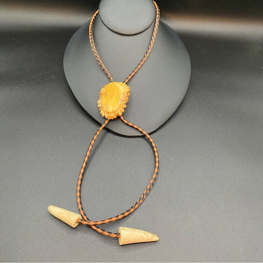 NecklaceVintage Bolo Neck Tie with Braided Leather Cord and Carved Horn