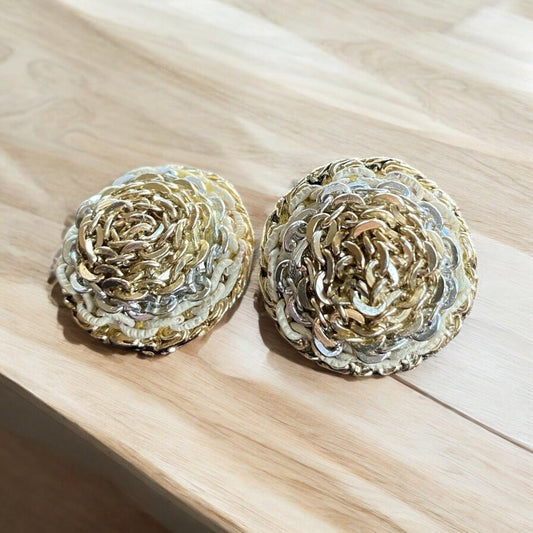 EarringsVintage Brutalist Three-Tone Chain Dome Clip-On Earrings