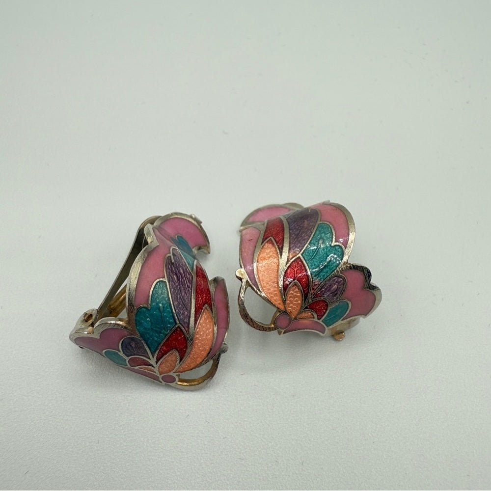 EarringsVintage Cloisonné Enamel Butterfly Wing Clip-On Earrings
