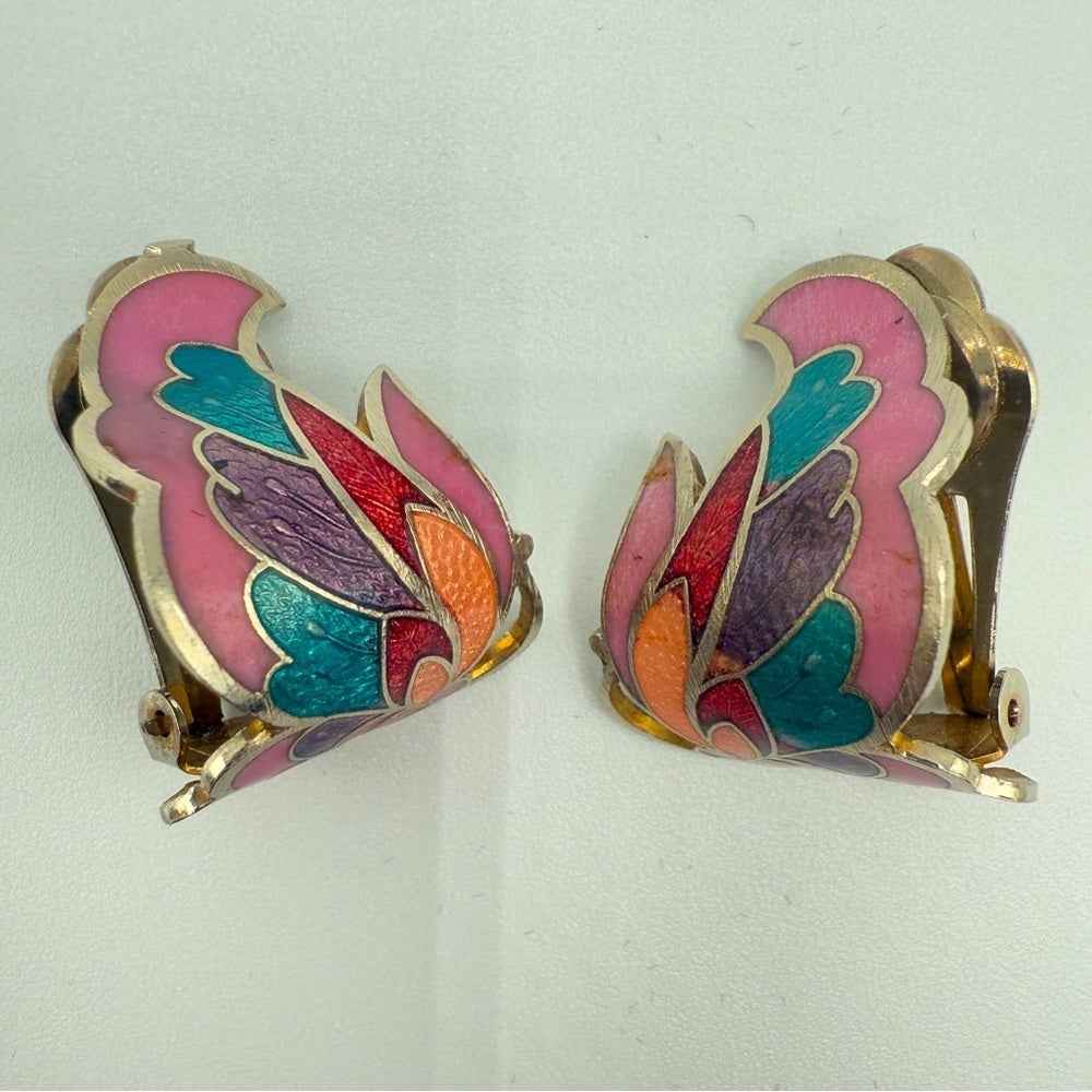 EarringsVintage Cloisonné Enamel Butterfly Wing Clip-On Earrings