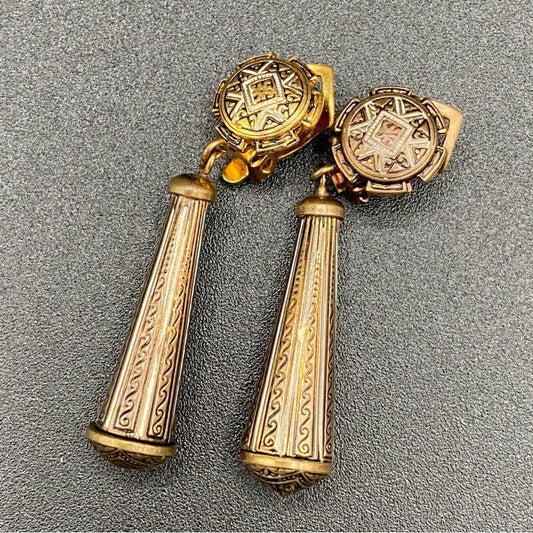EarringsVintage Damascene Clip-On Earrings — Signed Spain, Antiqued