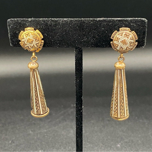 EarringsVintage Damascene Clip-On Earrings — Signed Spain, Antiqued