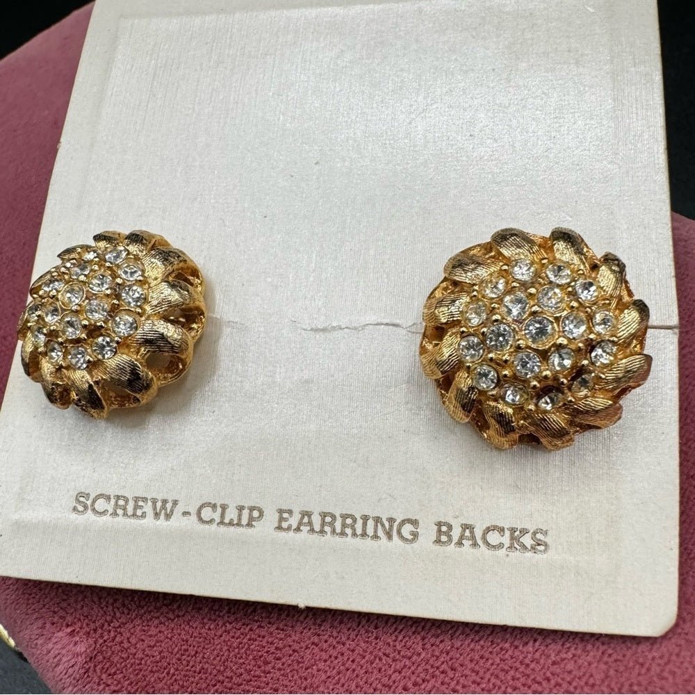 EarringsVintage Deadstock Gold-Tone Dome Rhinestone Screwback Earrings