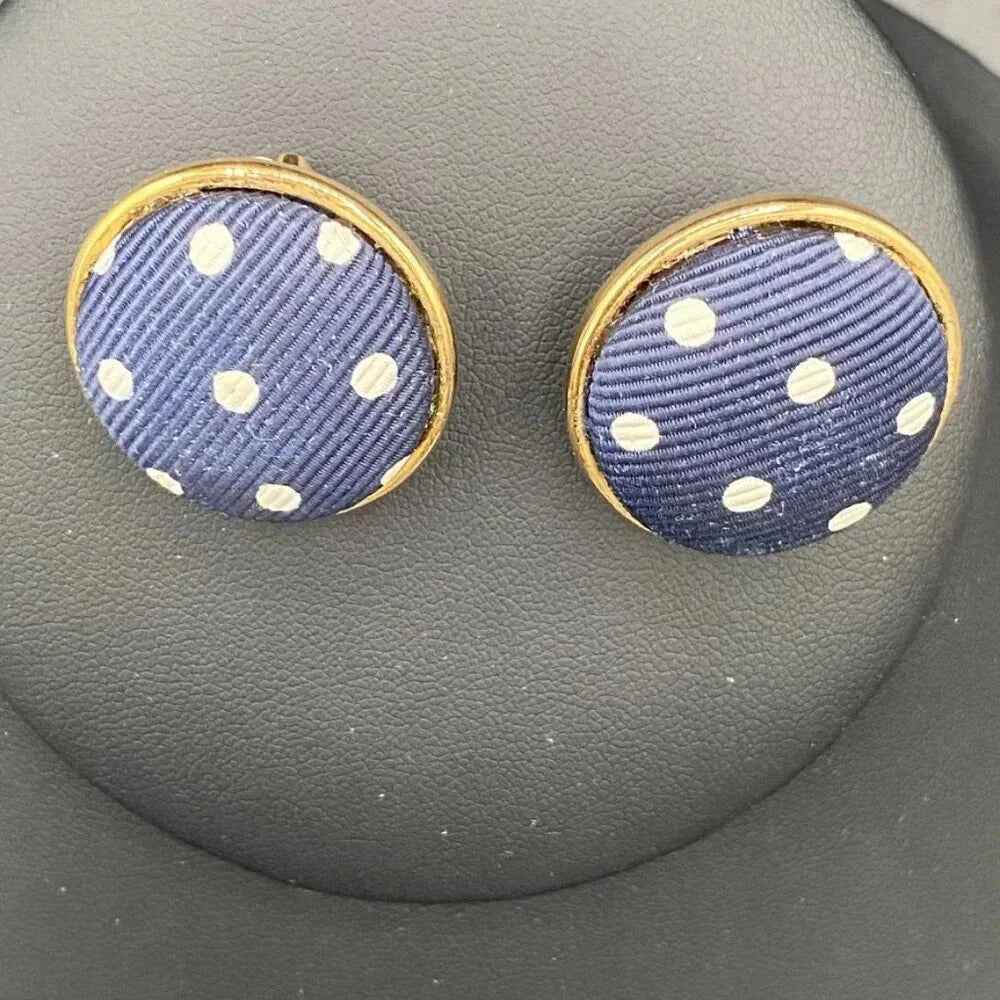 EarringsVintage Ellen Designs Navy & White Polka Dot Clip-On Earrings — Signed