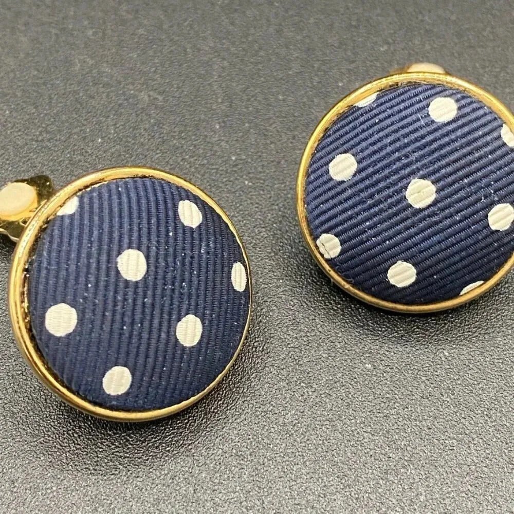 EarringsVintage Ellen Designs Navy & White Polka Dot Clip-On Earrings — Signed