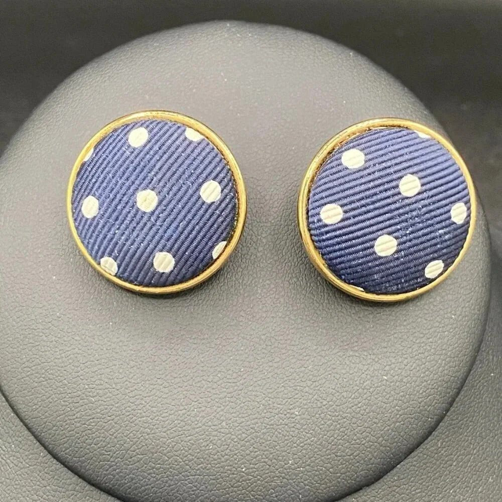 EarringsVintage Ellen Designs Navy & White Polka Dot Clip-On Earrings — Signed