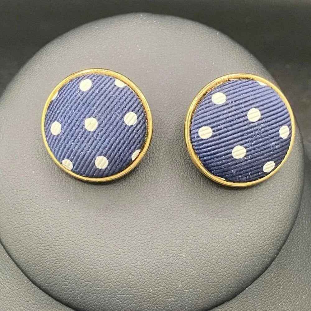 EarringsVintage Ellen Designs Navy & White Polka Dot Clip-On Earrings — Signed