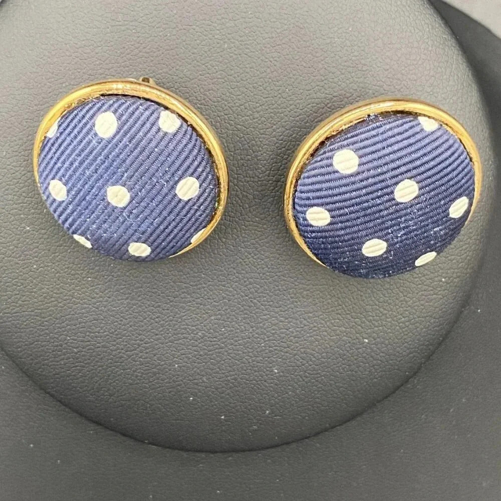 EarringsVintage Ellen Designs Navy & White Polka Dot Clip-On Earrings — Signed