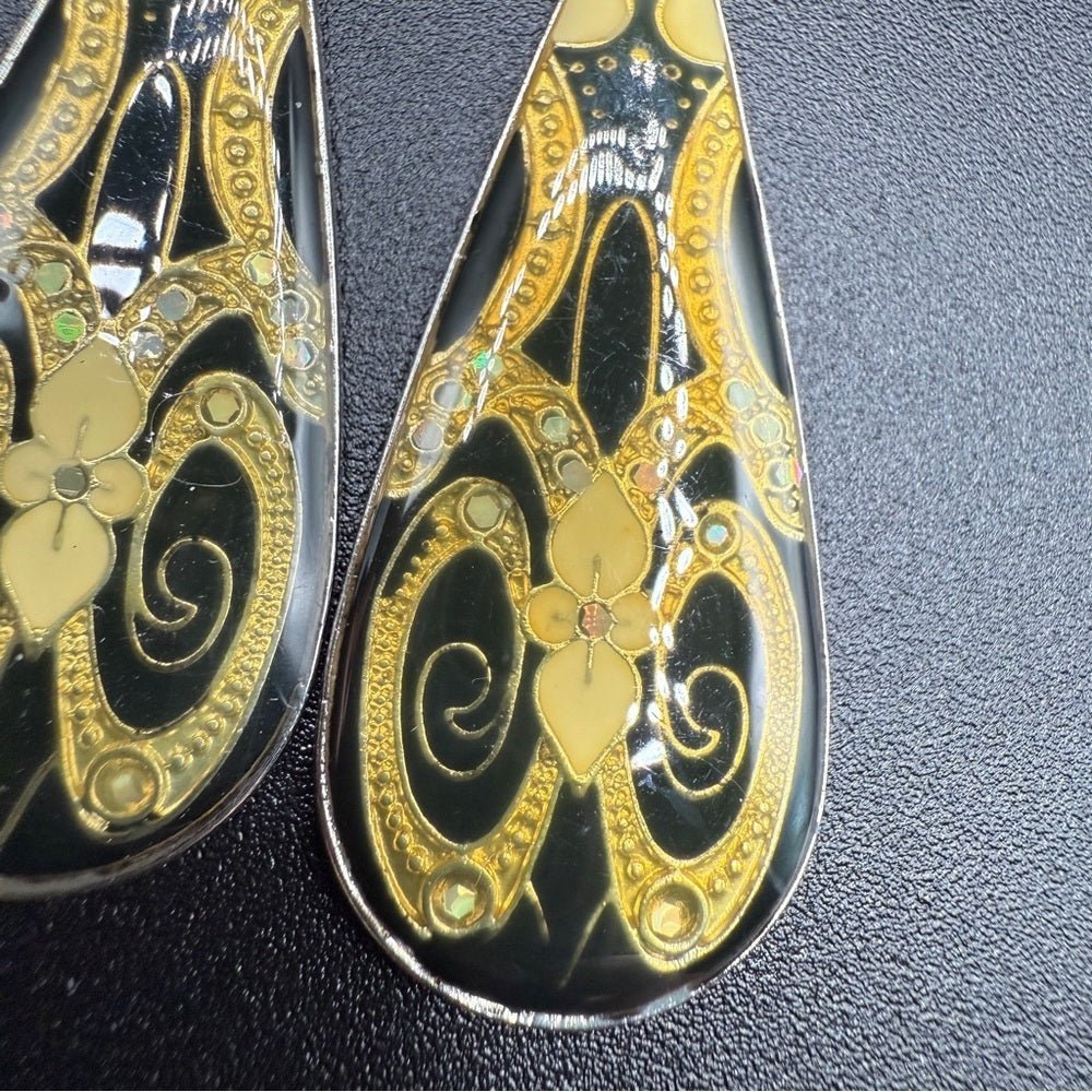 EarringsVintage Gold Cloisonné Art Deco Resin Teardrop Dangle Earrings