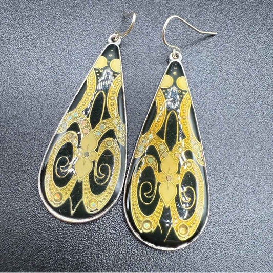 EarringsVintage Gold Cloisonné Art Deco Resin Teardrop Dangle Earrings