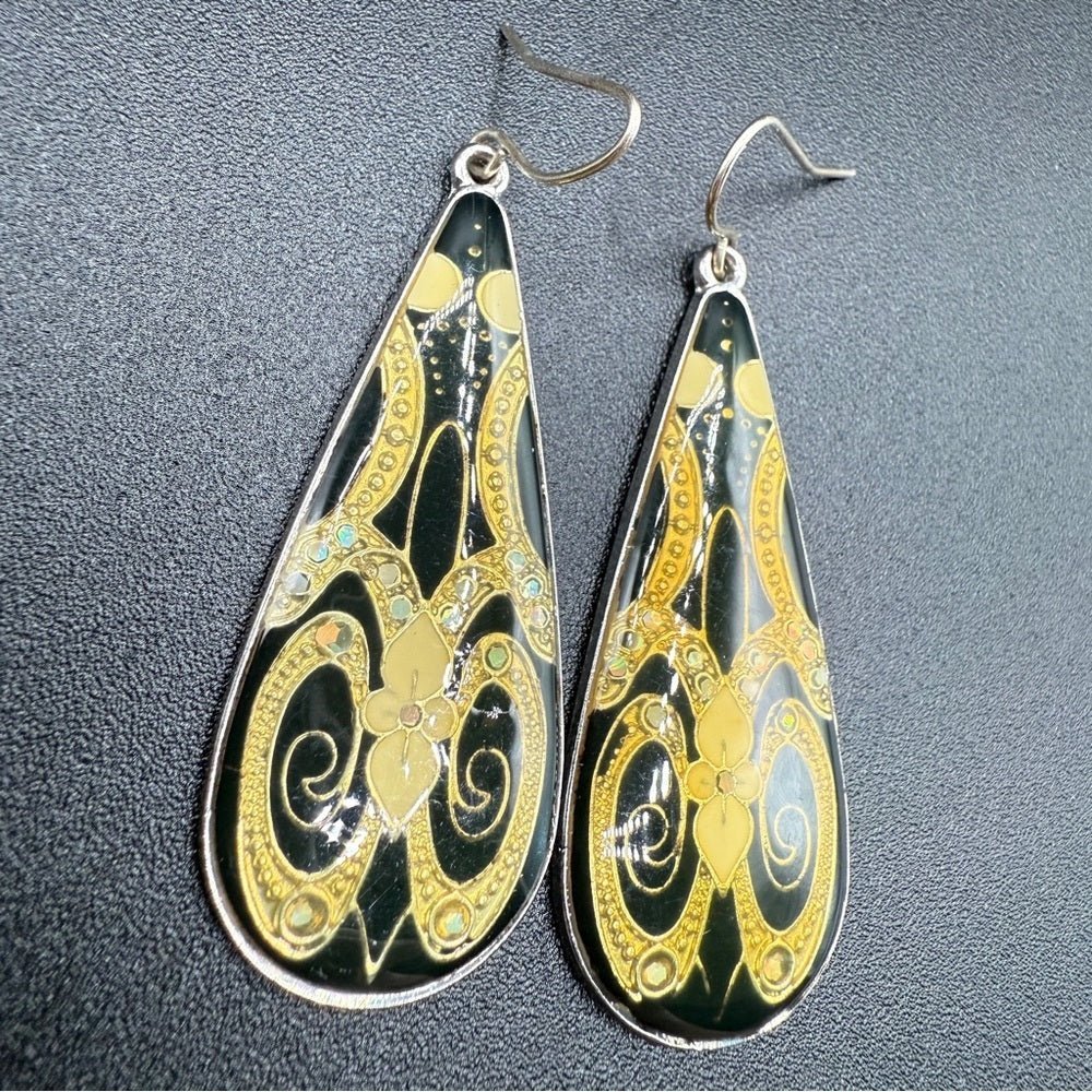 EarringsVintage Gold Cloisonné Art Deco Resin Teardrop Dangle Earrings