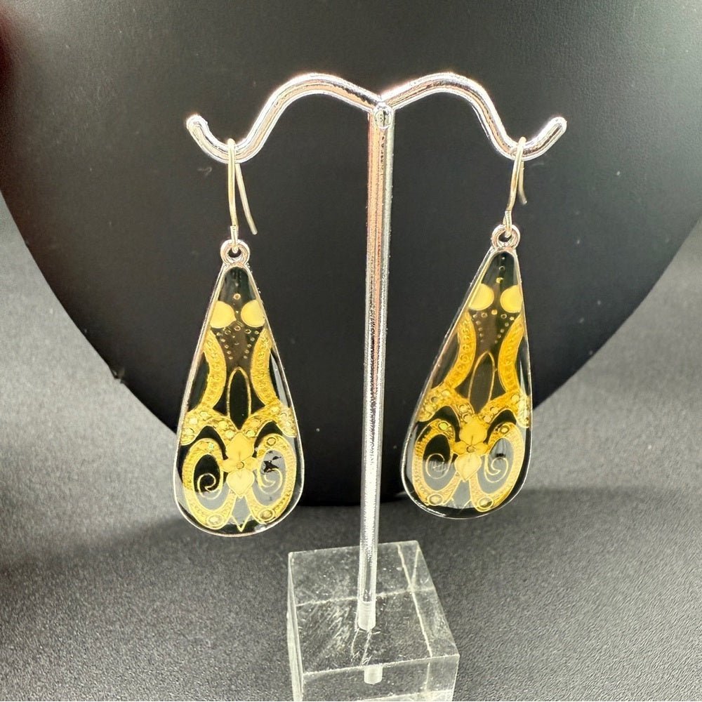 EarringsVintage Gold Cloisonné Art Deco Resin Teardrop Dangle Earrings