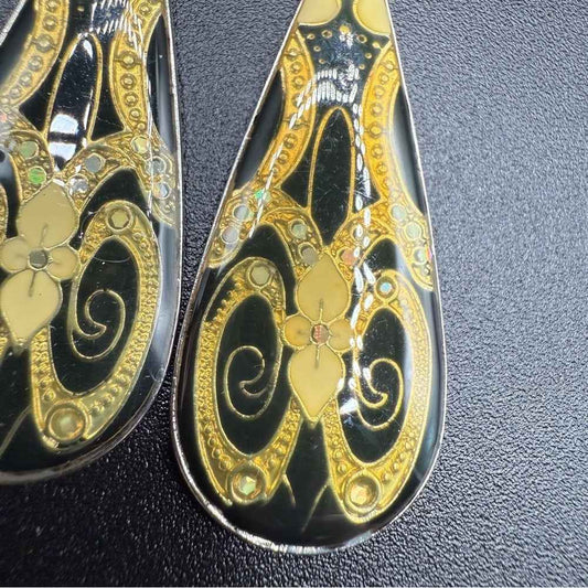 EarringsVintage Gold Cloisonné Art Deco Resin Teardrop Dangle Earrings