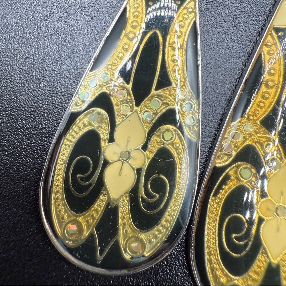 EarringsVintage Gold Cloisonné Art Deco Resin Teardrop Dangle Earrings