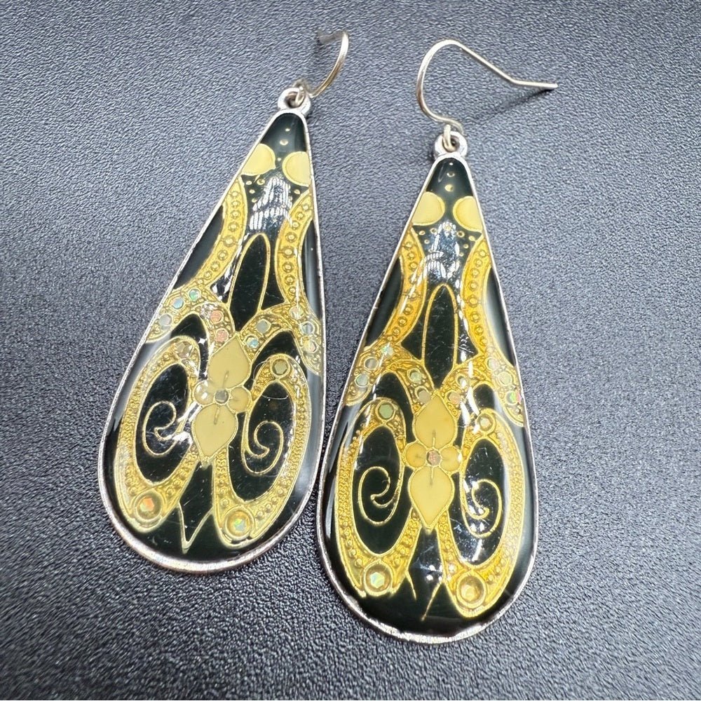 EarringsVintage Gold Cloisonné Art Deco Resin Teardrop Dangle Earrings