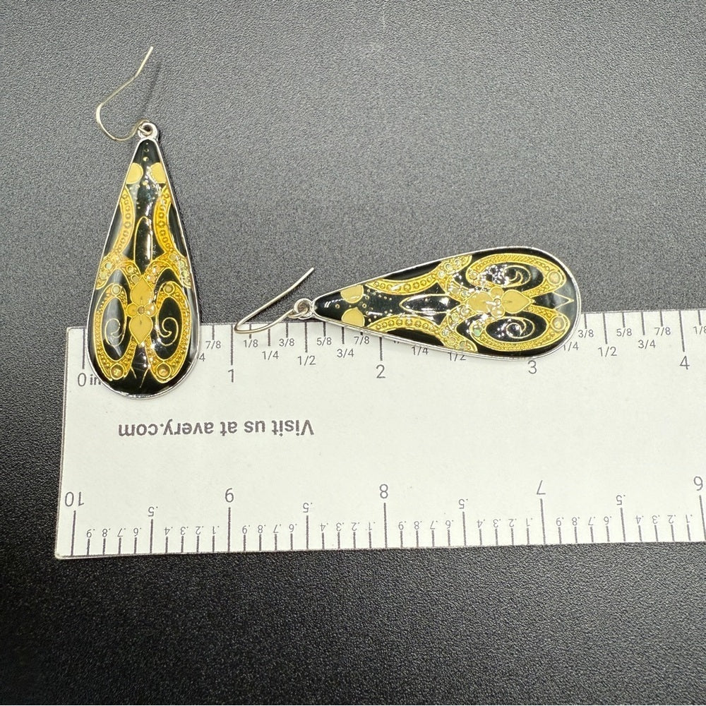 EarringsVintage Gold Cloisonné Art Deco Resin Teardrop Dangle Earrings
