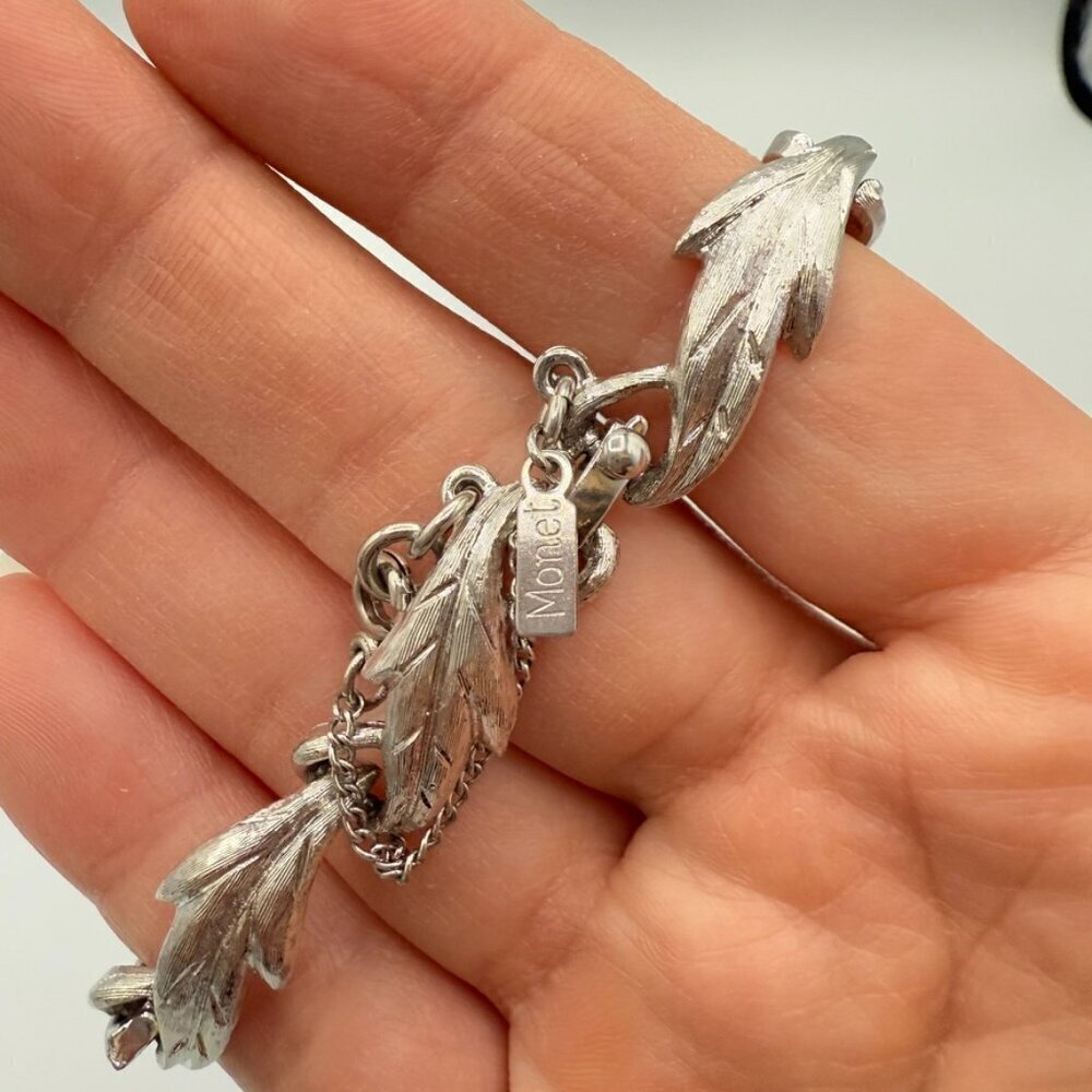 BraceletVintage Monet Brushed Silver Leaf Bracelet with Safety Clasp