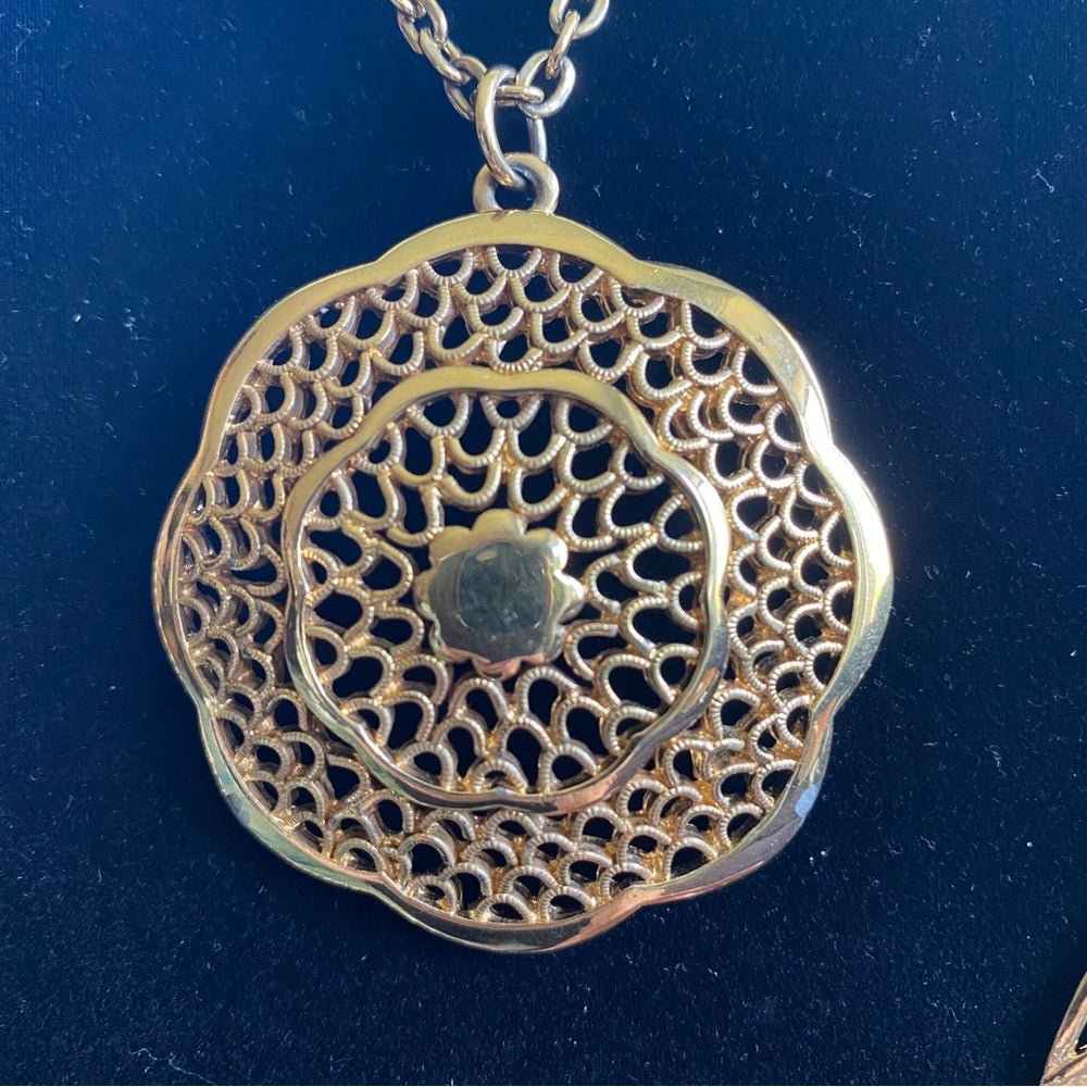 NecklaceVintage Multilayer Egyptian Revival Necklace with Intricate Gold Tone Filigree Pendant