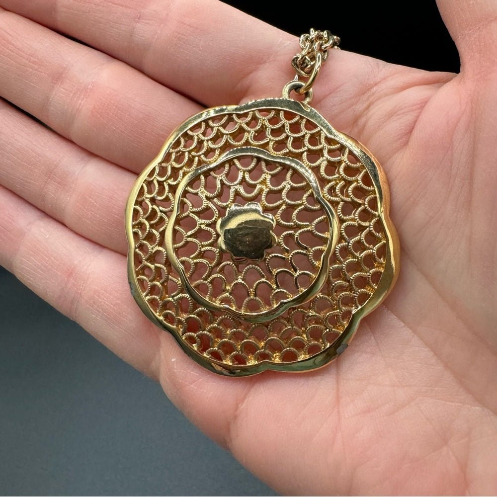 NecklaceVintage Multilayer Egyptian Revival Necklace with Intricate Gold Tone Filigree Pendant