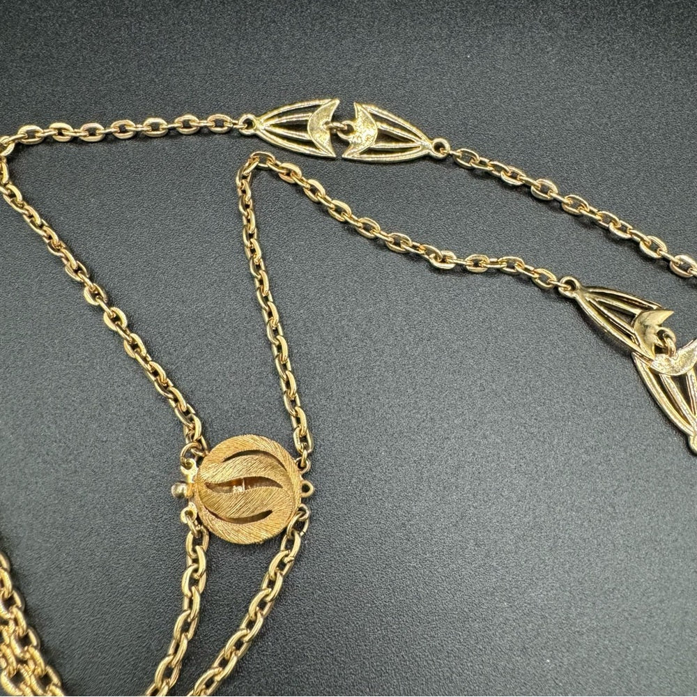 NecklaceVintage Multilayer Egyptian Revival Necklace with Intricate Gold Tone Filigree Pendant