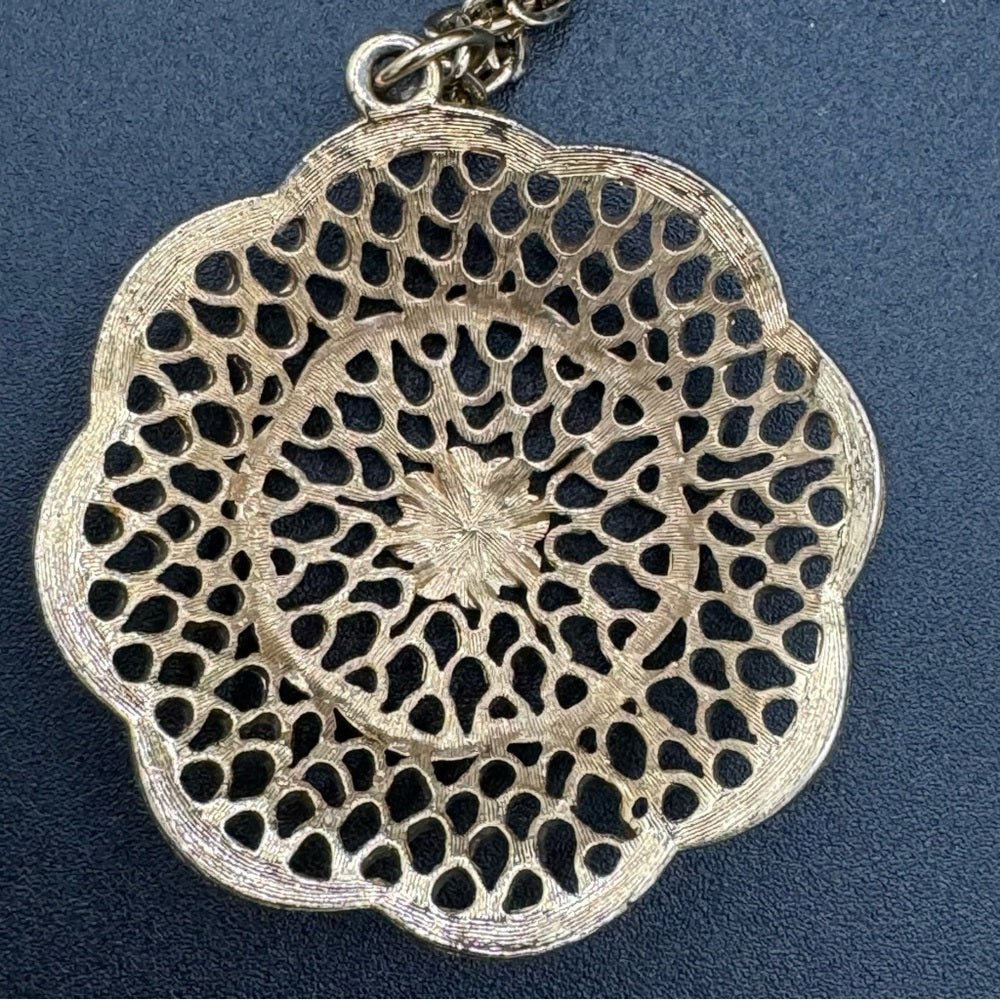 NecklaceVintage Multilayer Egyptian Revival Necklace with Intricate Gold Tone Filigree Pendant