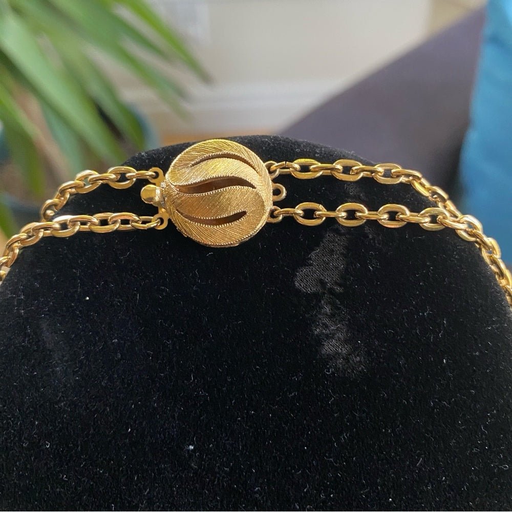 NecklaceVintage Multilayer Egyptian Revival Necklace with Intricate Gold Tone Filigree Pendant