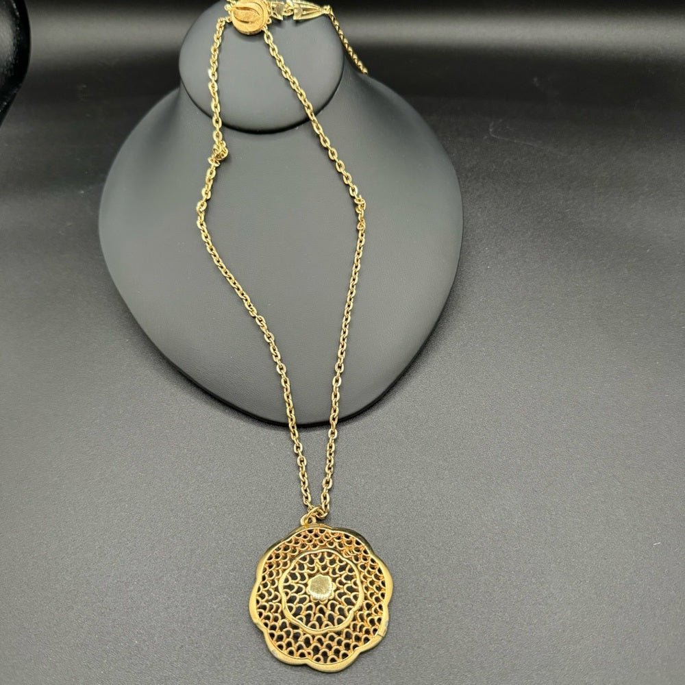 NecklaceVintage Multilayer Egyptian Revival Necklace with Intricate Gold Tone Filigree Pendant