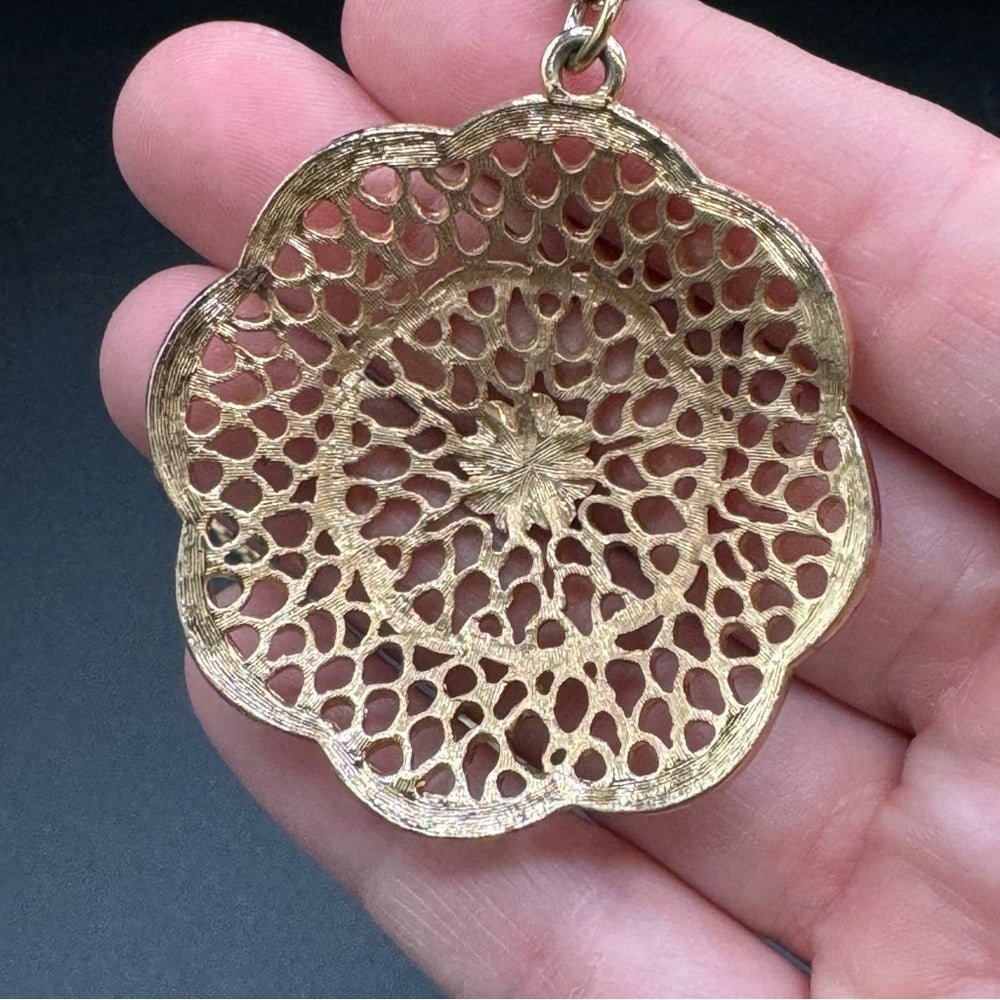 NecklaceVintage Multilayer Egyptian Revival Necklace with Intricate Gold Tone Filigree Pendant