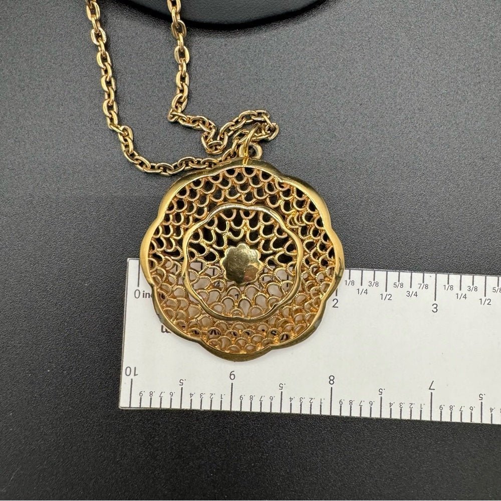 NecklaceVintage Multilayer Egyptian Revival Necklace with Intricate Gold Tone Filigree Pendant