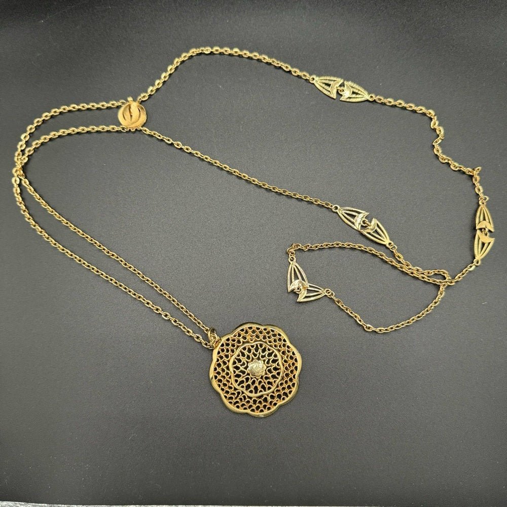 NecklaceVintage Multilayer Egyptian Revival Necklace with Intricate Gold Tone Filigree Pendant