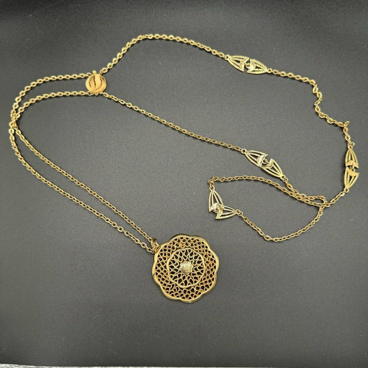 NecklaceVintage Multilayer Egyptian Revival Necklace with Intricate Gold Tone Filigree Pendant