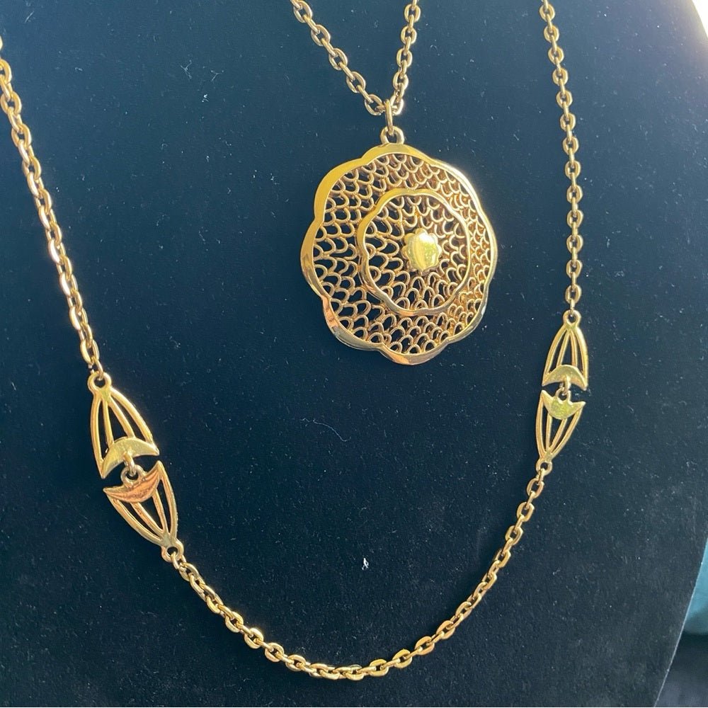 NecklaceVintage Multilayer Egyptian Revival Necklace with Intricate Gold Tone Filigree Pendant