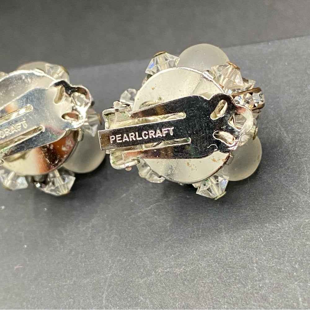 EarringsVintage Pearlcraft Signed Silver-Tone & Frosted White Cluster Clip-Ons — circa 1950
