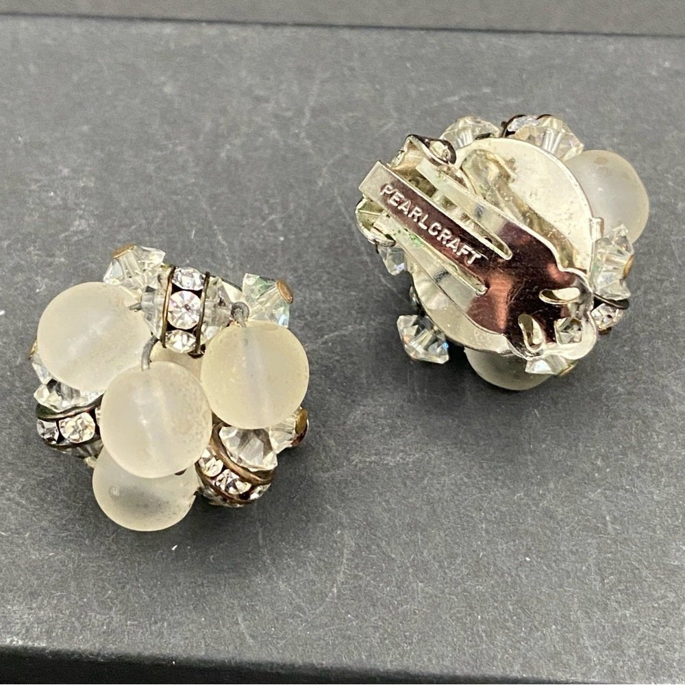 EarringsVintage Pearlcraft Signed Silver-Tone & Frosted White Cluster Clip-Ons — circa 1950
