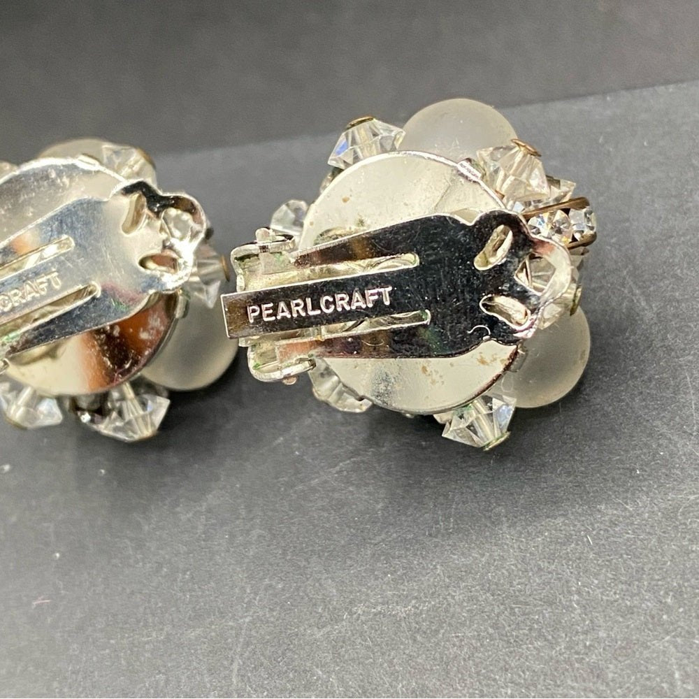 EarringsVintage Pearlcraft Signed Silver-Tone & Frosted White Cluster Clip-Ons — circa 1950
