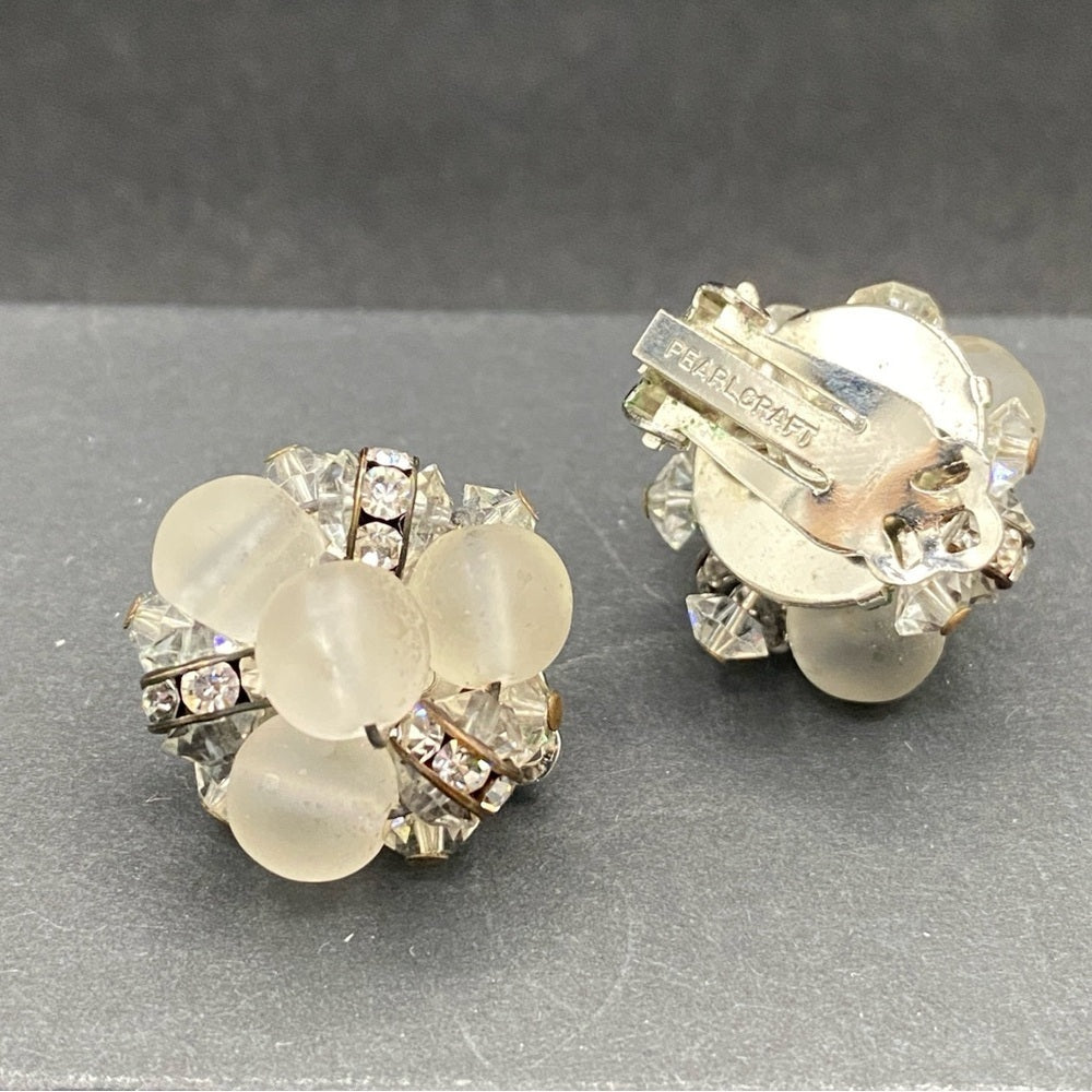 EarringsVintage Pearlcraft Signed Silver-Tone & Frosted White Cluster Clip-Ons — circa 1950