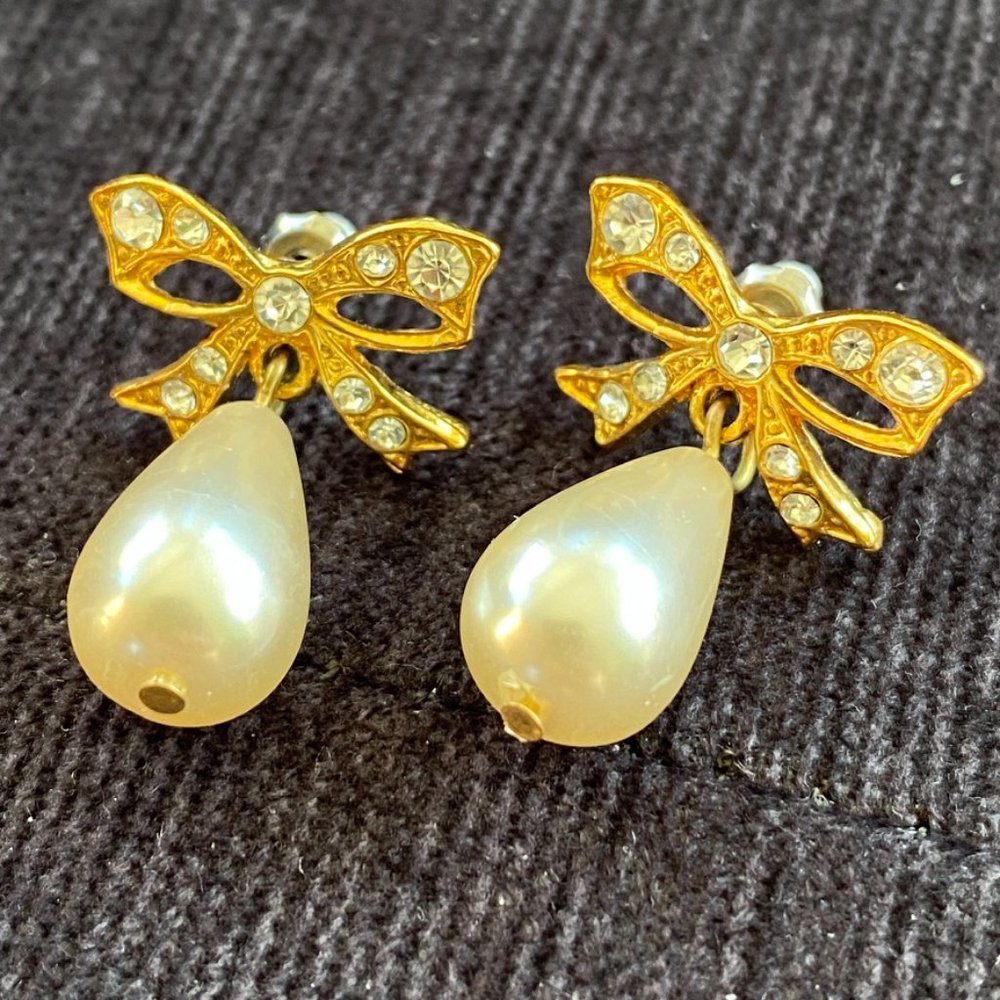 EarringsVintage Rhinestone Bow & Faux Pearl Drop Earrings