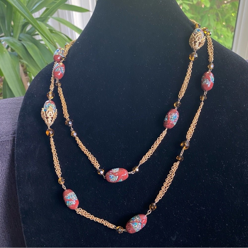 NecklaceVintage Textured Glass Bead Flapper Necklace with Gold Tone Filigree Details