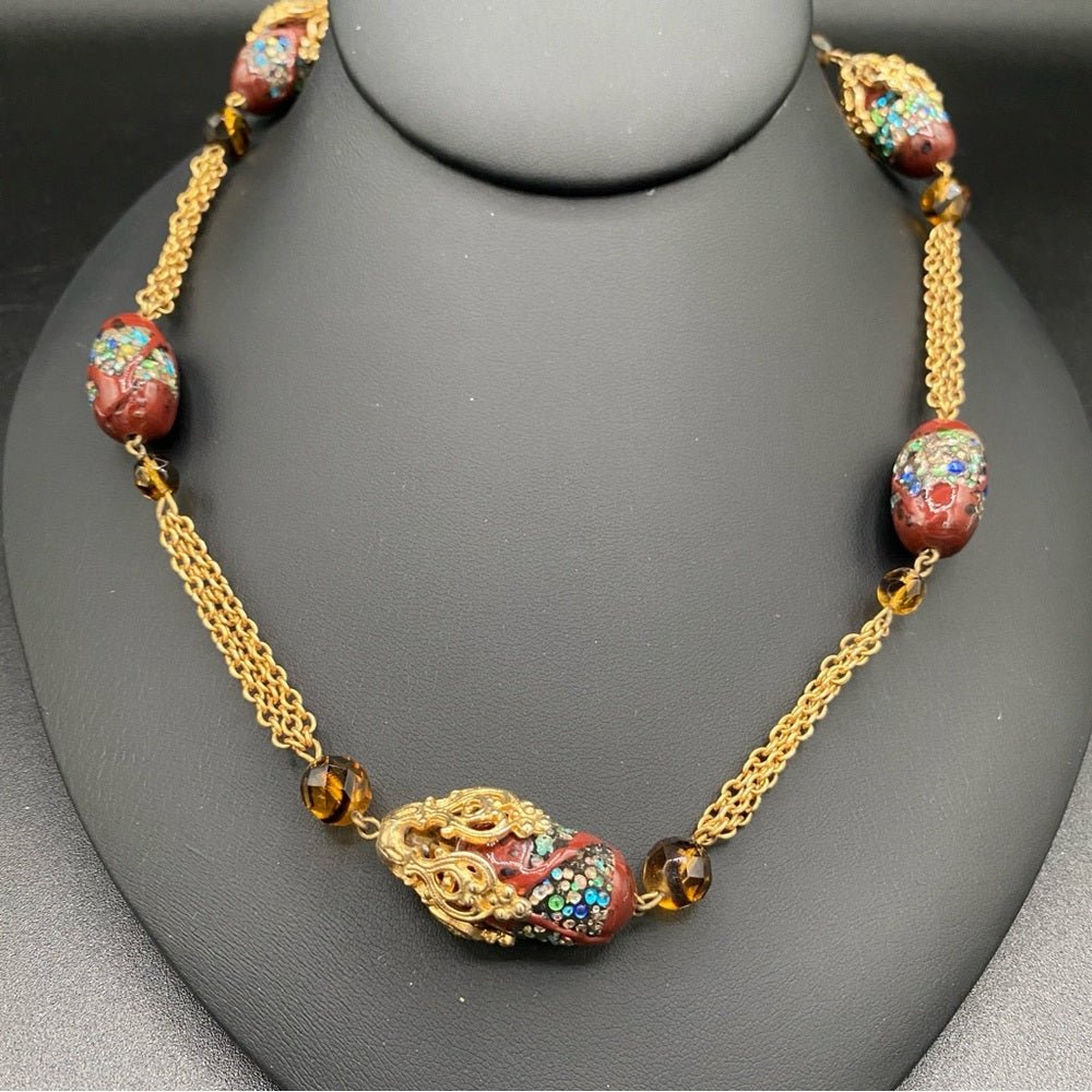 NecklaceVintage Textured Glass Bead Flapper Necklace with Gold Tone Filigree Details