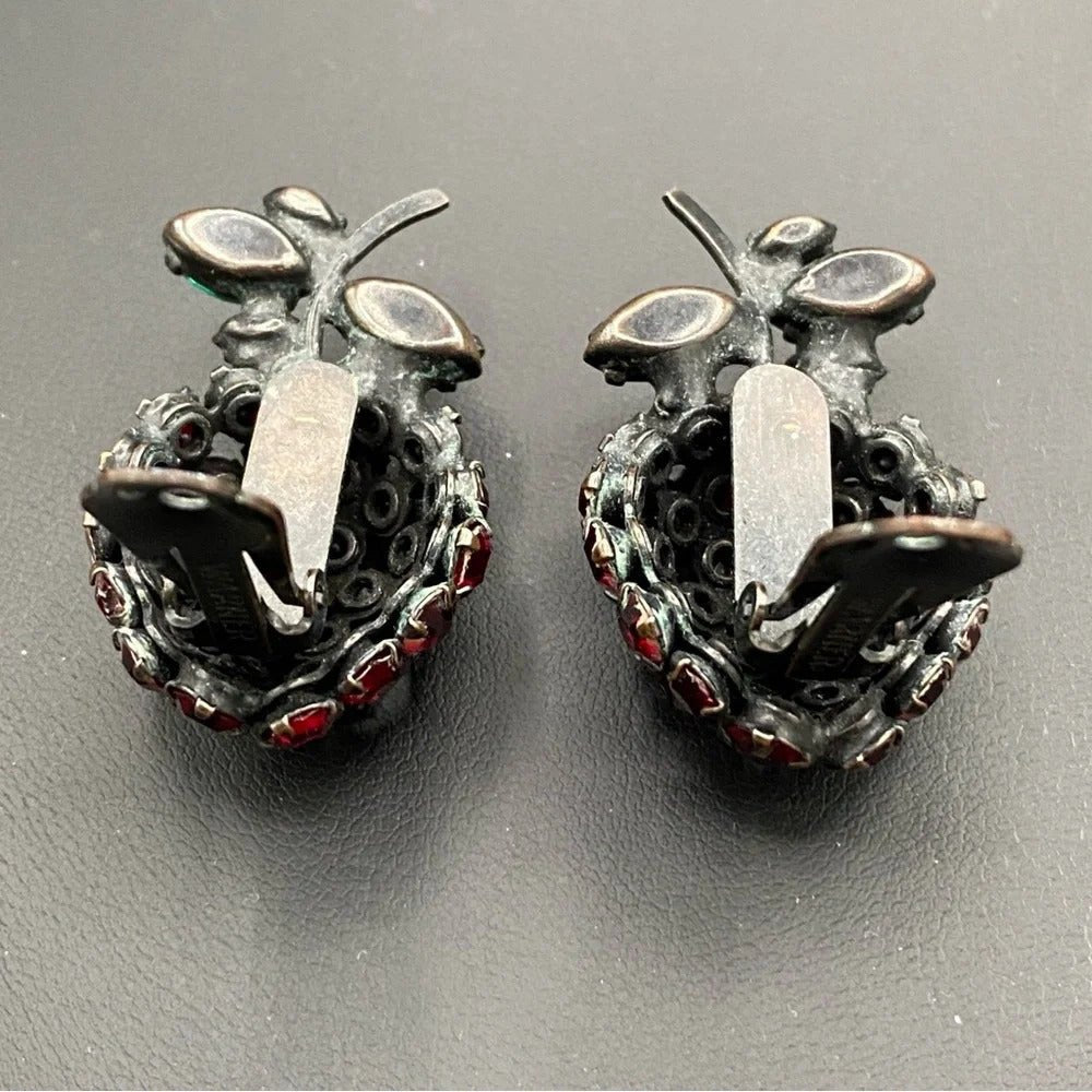 EarringsVintage Warner Signed Strawberry Crystal Rhinestone Clip-On Earrings