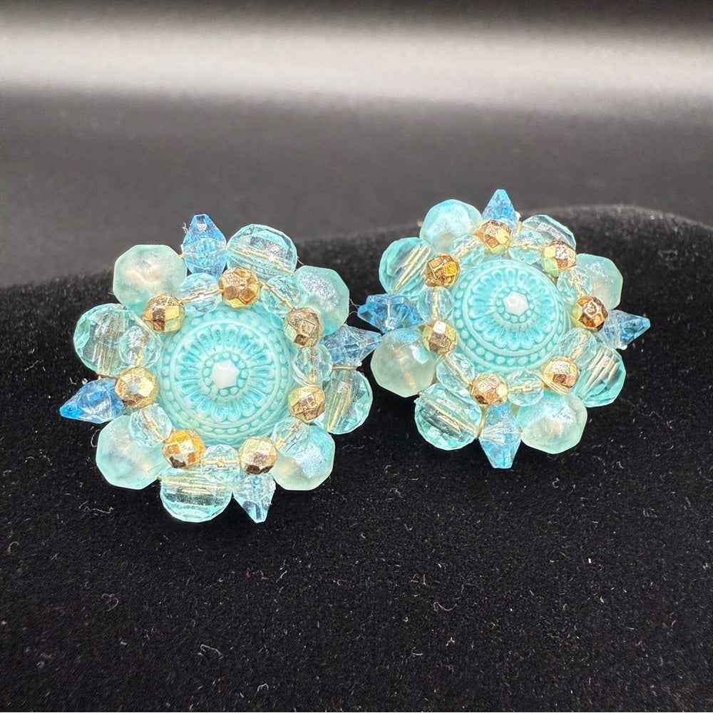 EarringsVintage West Germany Signed 1950s Blue Lucite Cluster Clip-Ons