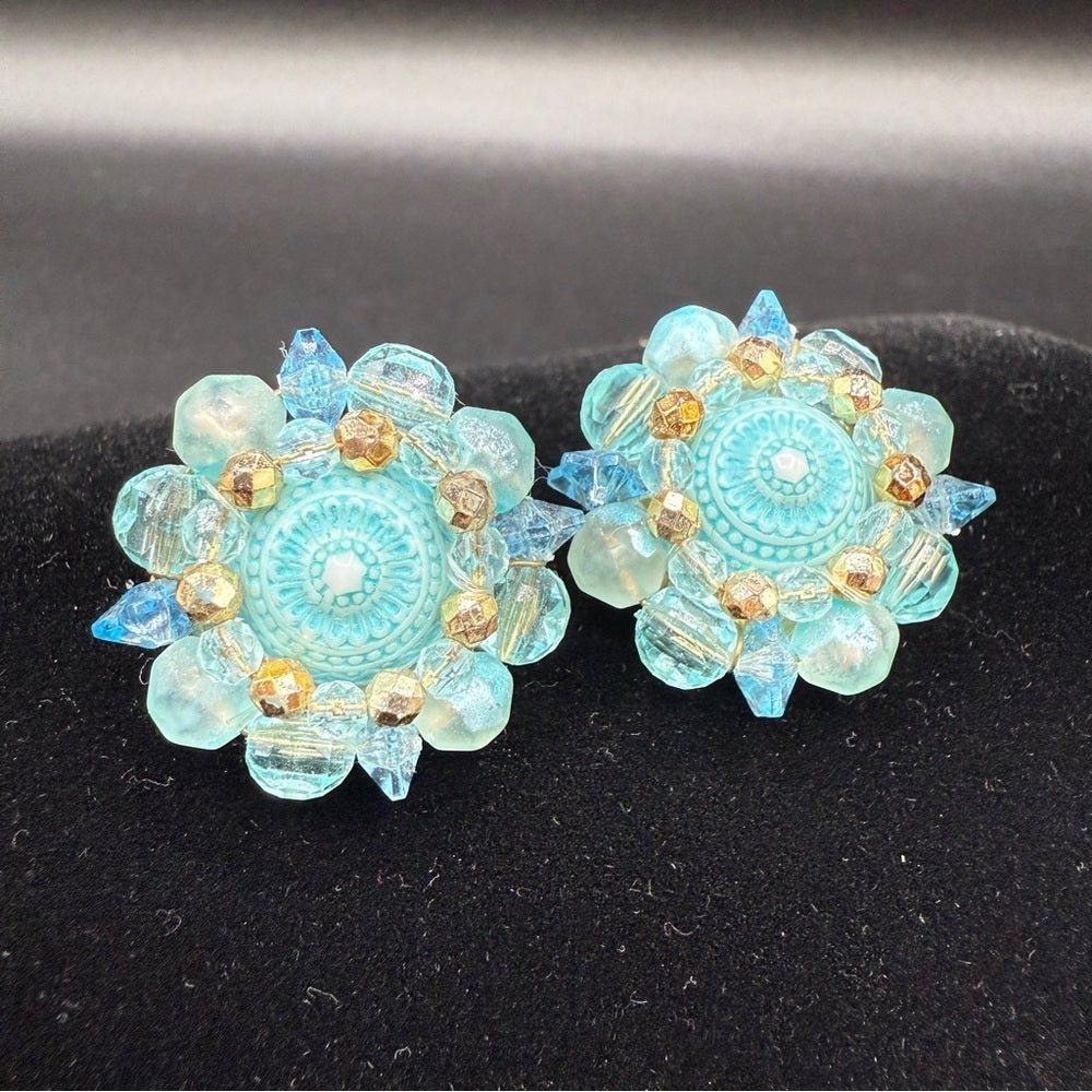 EarringsVintage West Germany Signed 1950s Blue Lucite Cluster Clip-Ons