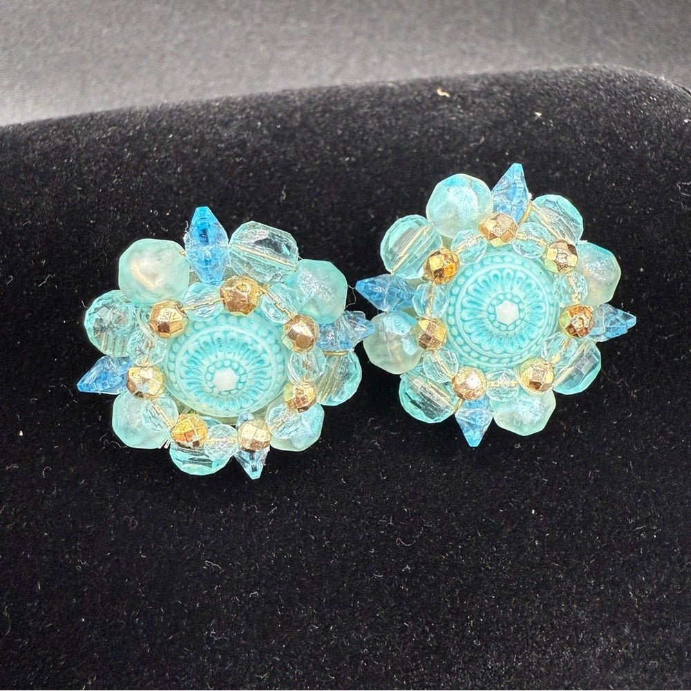 EarringsVintage West Germany Signed 1950s Blue Lucite Cluster Clip-Ons