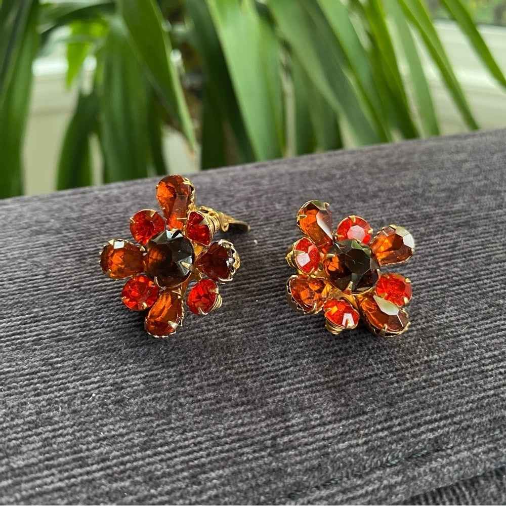 1950s Canary Orange Floral Clip On Earrings