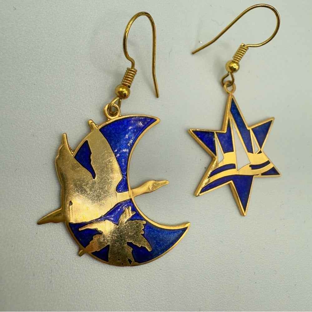Vintage Cloisonne Blue and Gold Star and Moon Earrings